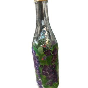 Hand painted wine glass Bottle with Purple and Green  grape design.